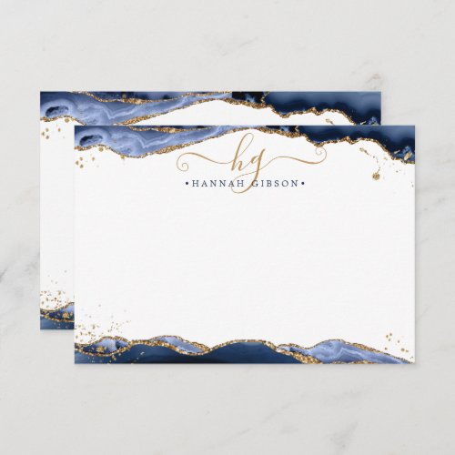 Navy Blue Agate Monogram Fancy Script Gold Glitter Note Card