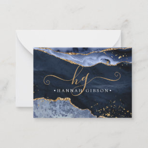Navy Blue Agate Monogram Fancy Script Gold Glitter Note Card