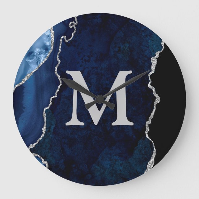 Navy Blue Agate Personalized Monogram Acrylic Large Clock (Front)