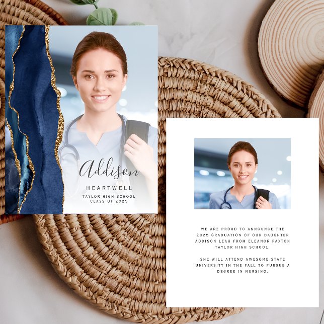 Navy Blue Agate Photo 2026 Graduation Announcement (Creator Uploaded)