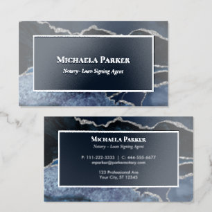 Navy Blue Agate Professional Silver Foil Business Cards