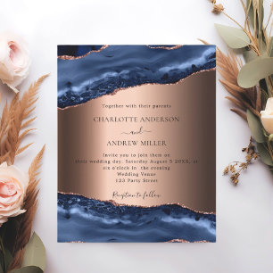 Navy blue agate rose evening wedding invitation