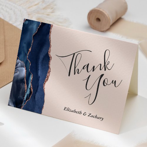 Navy Blue Agate Rose Gold Blush Wedding Thank You Card