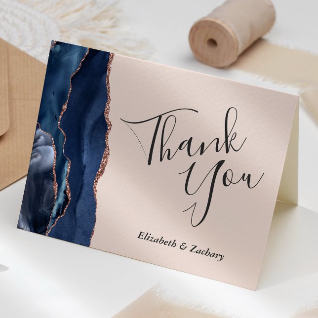 Navy Blue Agate Rose Gold Blush Wedding Thank You Card (Creator Uploaded)