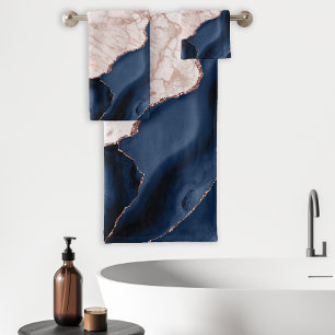 Navy Blue Agate Rose Gold Marble Bath Towel Set