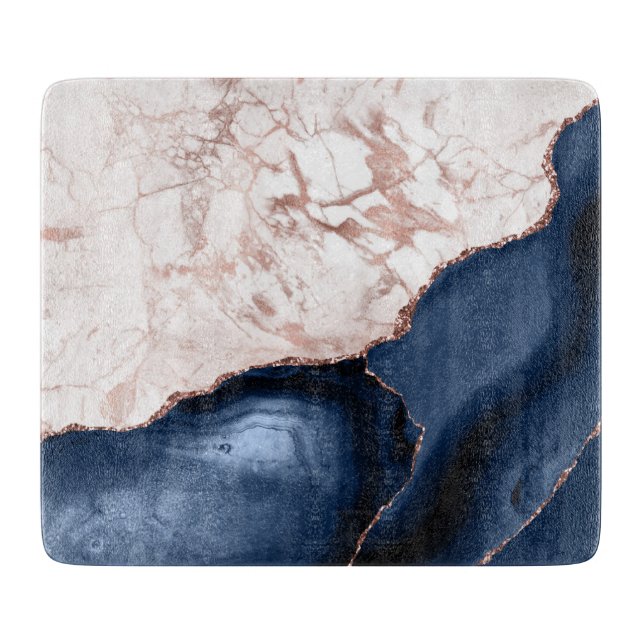 Navy Blue Agate Rose Gold Marble Cutting Board (Front)