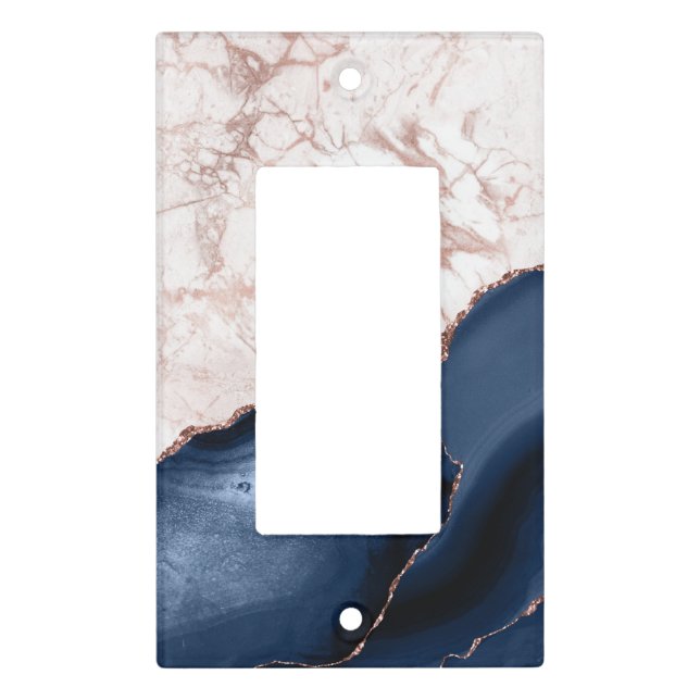 Navy Blue Agate Rose Gold Marble Light Switch Cover (Front)