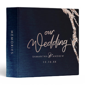 Navy Blue Agate & Rose Gold Wedding Photo Album Binder