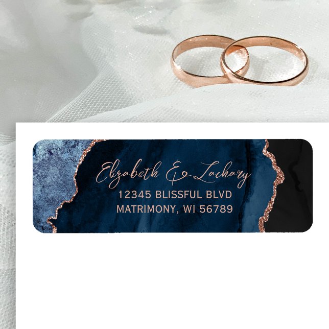 Navy Blue Agate Rose Gold Wedding Return Address Label (Creator Uploaded)