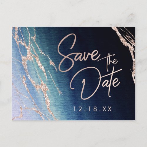 Navy Blue Agate Rose Gold Wedding Save the Date Announcement Postcard