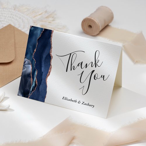 Navy Blue Agate Rose Gold Wedding Thank You Card