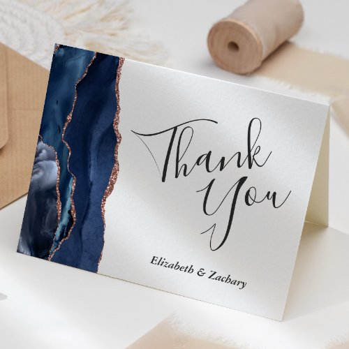 Navy Blue Agate Rose Gold Wedding Thank You Card