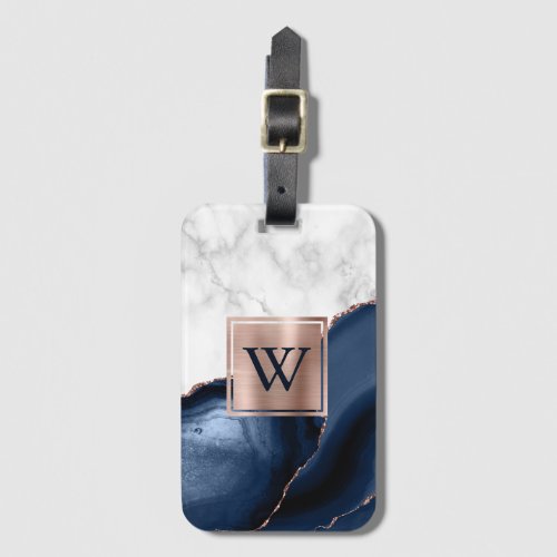  Navy Blue Agate Rose Gold White Marble Monogram Luggage Tag