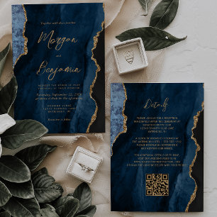 Navy Blue Agate Script QR Code Wedding Invite