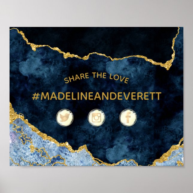 Navy Blue Agate Share the Love Wedding Social Sign (Front)