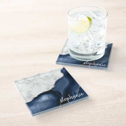 Navy Blue Agate Signature White Marble Silver Glass Coaster