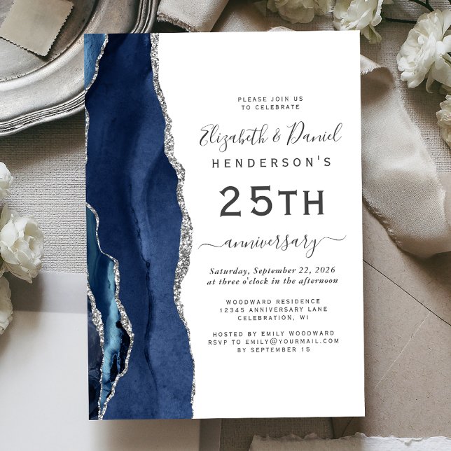 Navy Blue Agate Silver 25th Anniversary Invitation (Creator Uploaded)