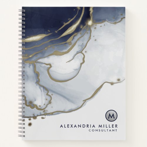 Navy Blue Agate Silver Abstract Monogram Notebook