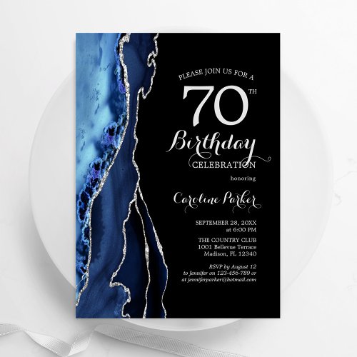 Navy Blue Agate Silver Black 70th Birthday Invitation