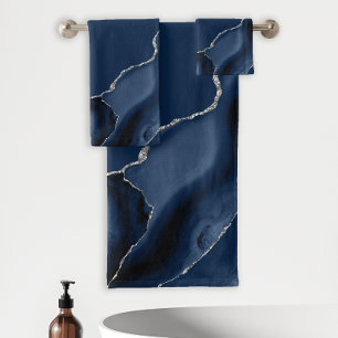 Navy Blue Agate Silver Glitter Bath Towel Set