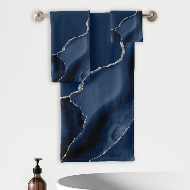 Navy Blue Agate Silver Glitter Bath Towel Set (Creator Uploaded)