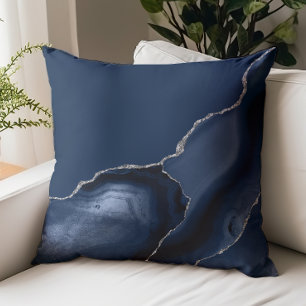 Navy Blue Agate Silver Glitter Throw Pillow