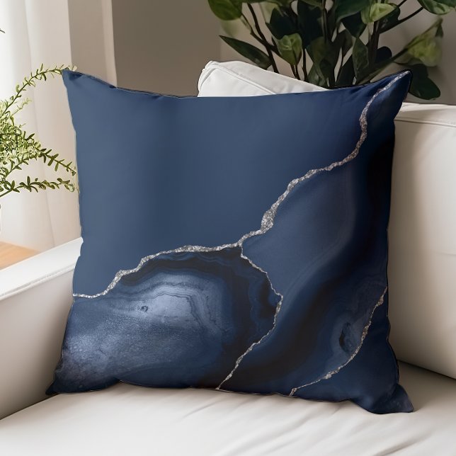 Navy Blue Agate Silver Glitter Throw Pillow (Creator Uploaded)