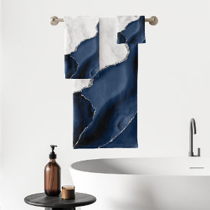 Navy Blue Agate Silver Glitter White Marble  Bath Towel Set