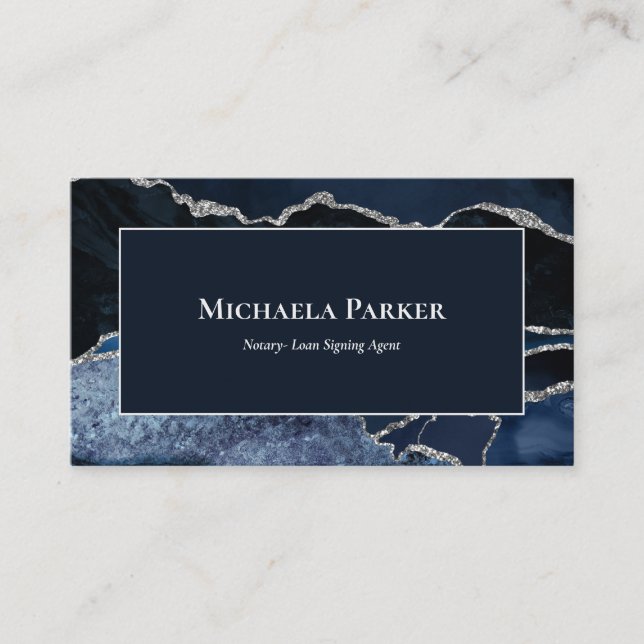 Navy Blue Agate Silver Professional Business Card (Front)
