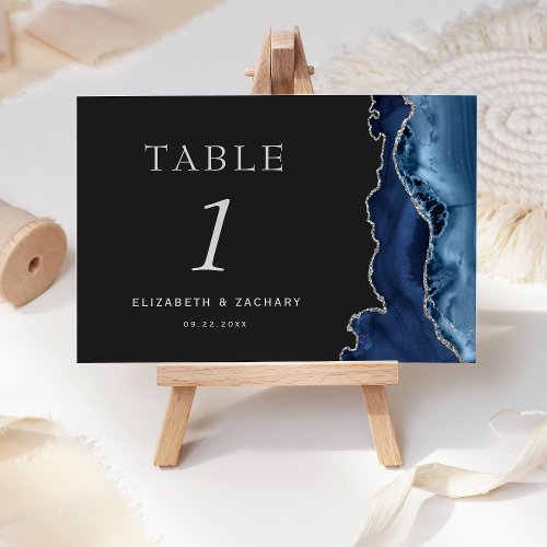 Navy Blue Agate Silver Slate Black Wedding Table Number