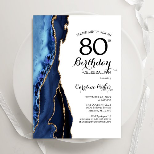 Navy Blue Agate White Gold 80th Birthday Invitation