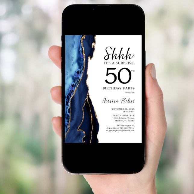 Navy Blue Agate White Gold Surprise 50th Birthday Invitation (Front Digital)