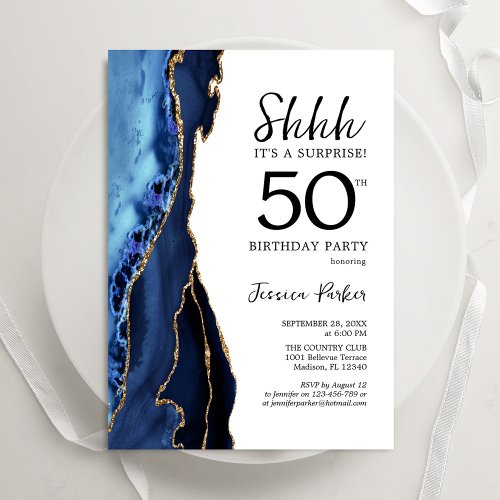 Navy Blue Agate White Gold Surprise 50th Birthday Invitation