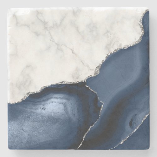 Navy Blue Agate White Marble Silver Glitter Stone Coaster