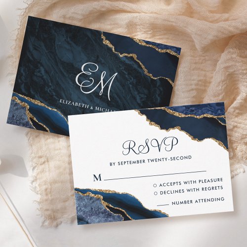 Navy Blue Agate White Monogram Wedding RSVP Card