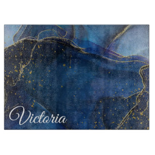 Navy Blue Agate with Gold Vein and Name Cutting Board
