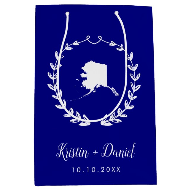 Navy Blue Alaska Map Wedding Welcome Swag Medium Gift Bag (Front)