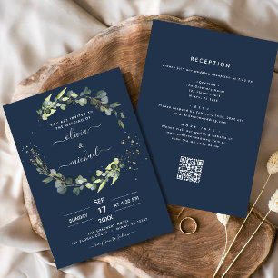 Navy Blue All in One Eucalyptus QR Code Wedding Invitation