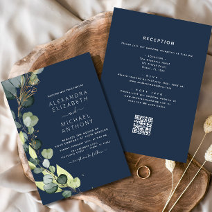 Navy Blue All in One Eucalyptus QR Code Wedding Invitation