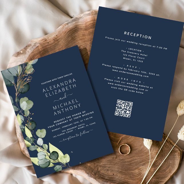 Navy Blue All in One Eucalyptus QR Code Wedding Invitation (Creator Uploaded)