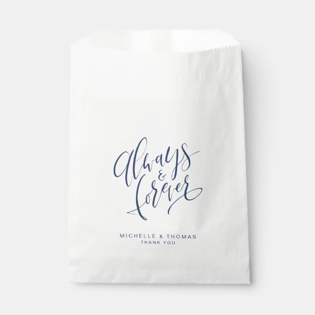 Navy Blue Always And Forever Script Wedding Favor Bag (Front)