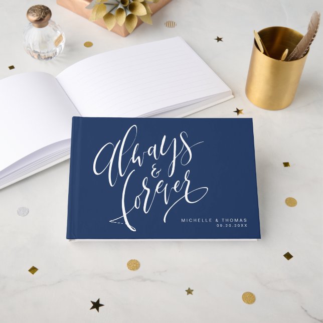 Navy Blue Always And Forever Script Wedding Guest Book (Front Open)