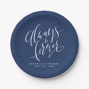 Navy Blue Always And Forever Script Wedding Paper Plates