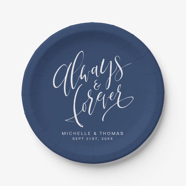 Navy Blue Always And Forever Script Wedding Paper Plates (Front)