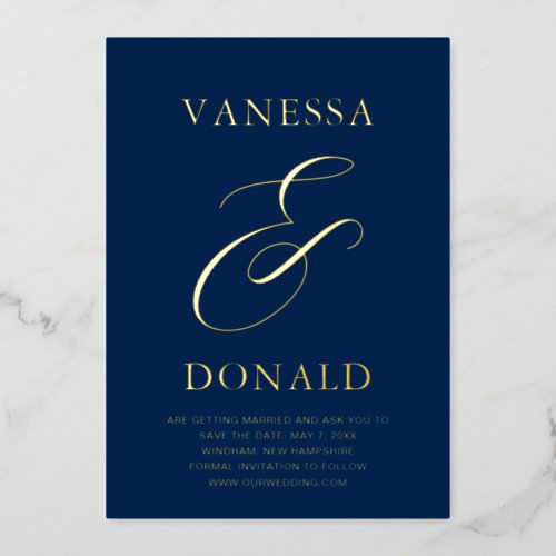 Navy Blue Ampersand Modern Wedding Save the Date Foil Invitation