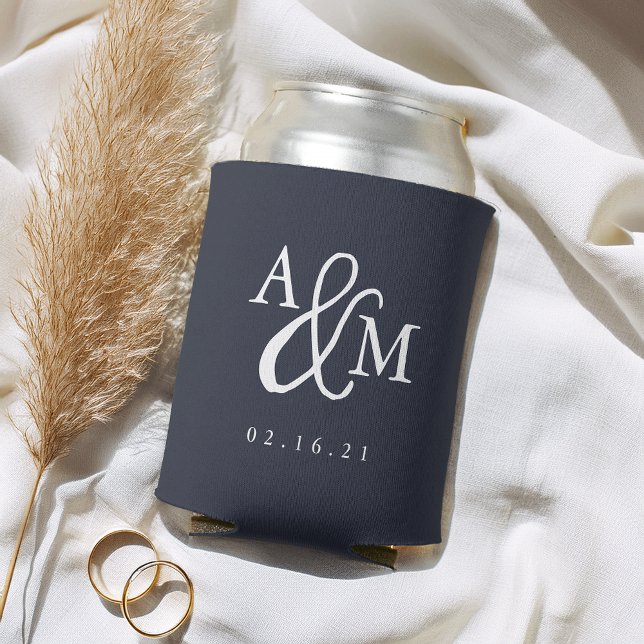 Navy Blue Ampersand Monogram Wedding Favor Can Cooler (Creator Uploaded)