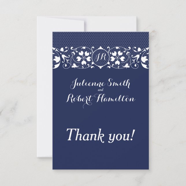 Navy Blue an White Lace Monogram Wedding Thank You (Front)