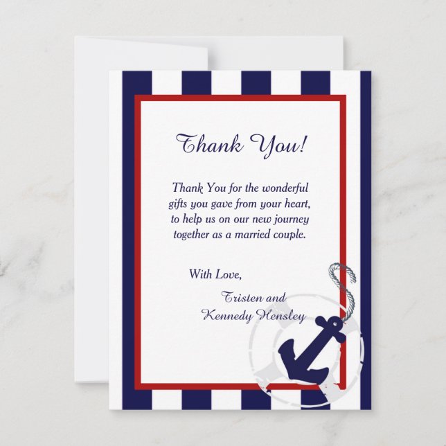 Navy Blue Anchor 4x5 Flat Wedding Thank You Card (Front)