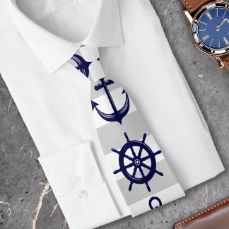 Navy Blue Anchor and Boat Wheel Nautical Neck Tie