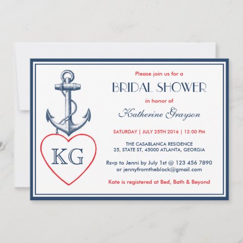 Navy Blue Anchor and Love Bridal Shower Invitation